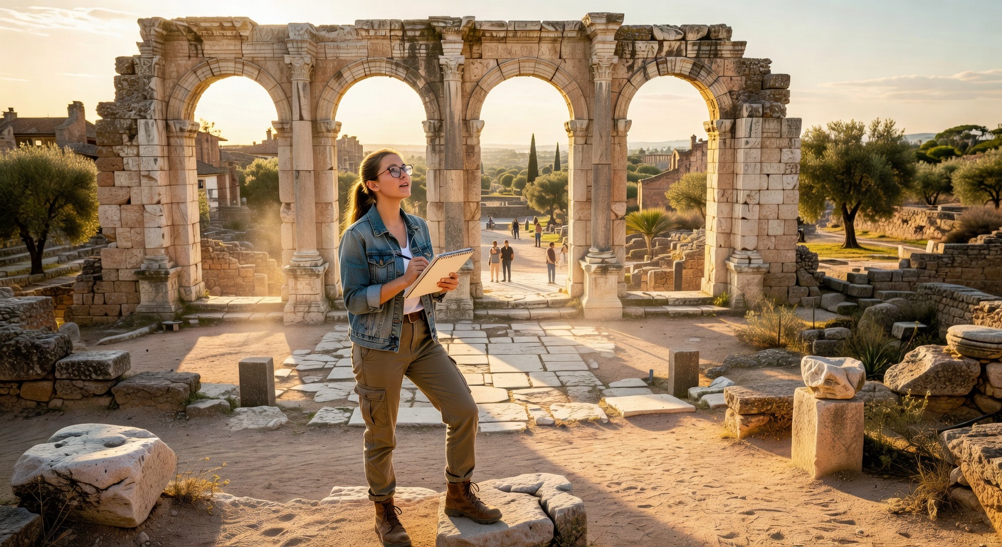 Estudiante explorando las ruinas romanas de Mérida